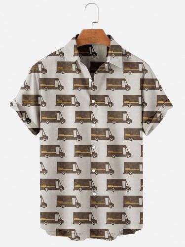 Mens Truck Print Polyester Short-Sleeved Hawaiian Shirts
