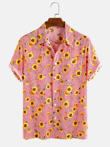 Men's Sunflower Pattern Striped Casual Lapel Short Sleeve Shirt