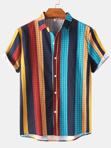Mens Tribal Vintage Striped Shirt Collar Shirts
