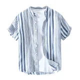 Men's Stripe Short Sleeve Cotton Breathable Casual Loose Shirt