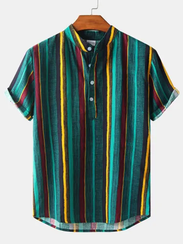 Men's Striped Print Lapel Short Sleeve Hawaiian Shirt