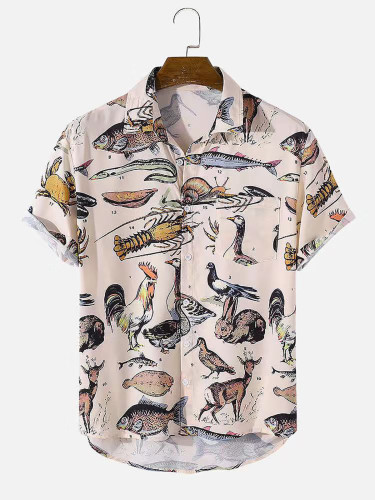 Men's animal print lapel short-sleeved cotton casual shirt