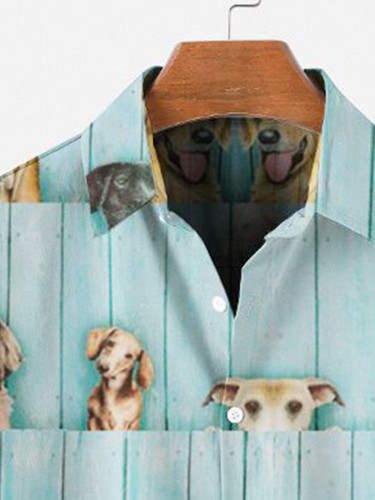 Mens Creative Dog And Fence Print Lapel Shirt