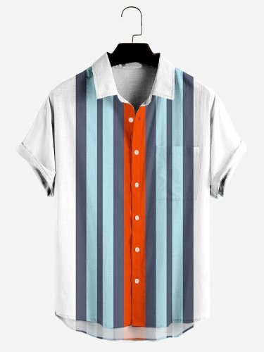 Mens Color Striped Print Pocket Lapel Casual Loose Short Sleeve Shirt