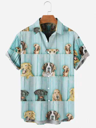 Mens Creative Dog And Fence Print Lapel Shirt