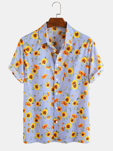 Men's Sunflower Pattern Striped Casual Lapel Short Sleeve Shirt