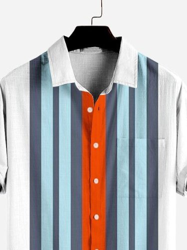 Mens Color Striped Print Pocket Lapel Casual Loose Short Sleeve Shirt