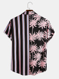 Men's maple leaf print stitching lapel short sleeve button down casual shirt
