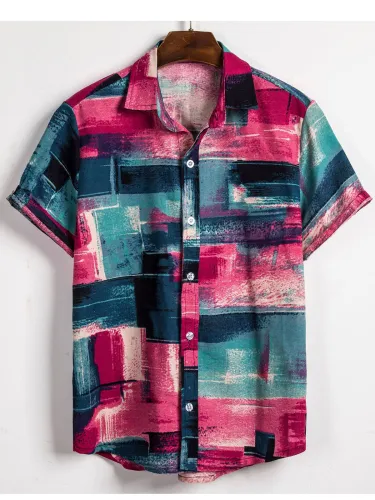 Men's printed lapel short-sleeved cotton casual shirt