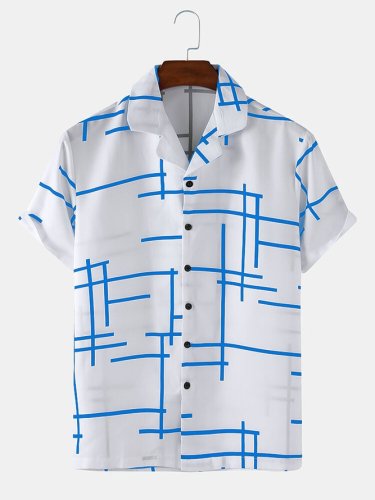 Mens Irregular Line Print Plain Loose Thin Short Sleeve Shirts