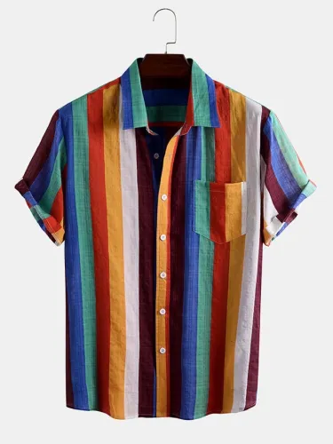 Men's Stripe National Style Short Sleeve Casual Loose Shirt