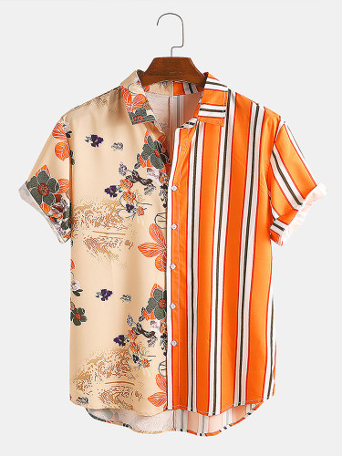 Men's floral print stitching lapel short sleeve button down casual shirt