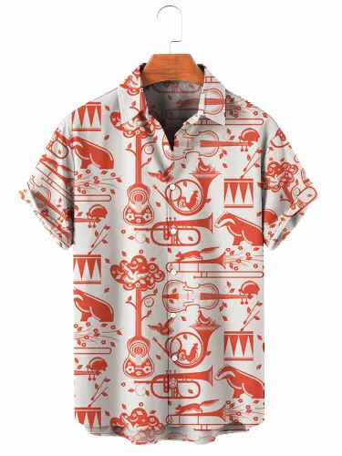 Mens Animal and Music Puzzle Short Sleeve Lapel Shirt