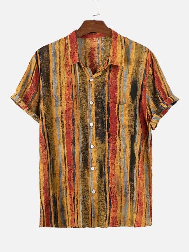 Men's Striped Printed Casual Loose Lapel Short Sleeve Shirt