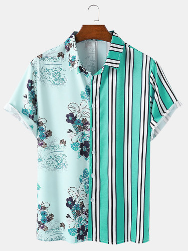 Men's floral print stitching lapel short sleeve button down casual shirt