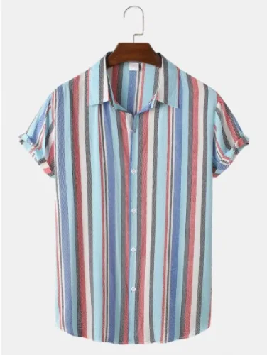 Mens Colorful Stripe Lapel Button Up Short Sleeve Preppy Shirt