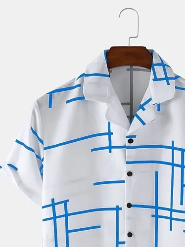 Mens Irregular Line Print Plain Loose Thin Short Sleeve Shirts