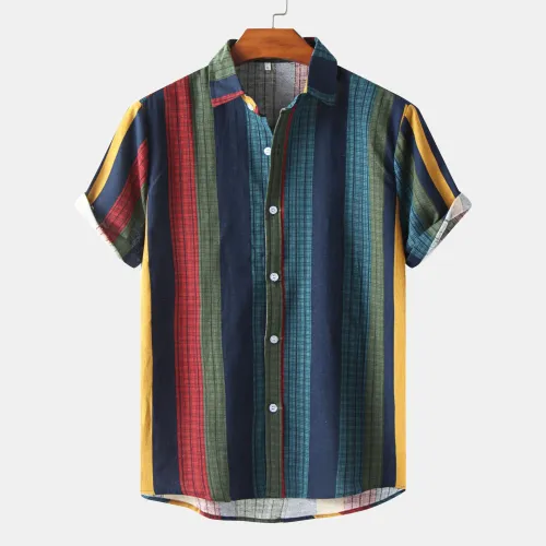 Mens Tribal Vintage Striped Shirt Collar Shirts