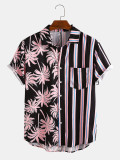 Men's maple leaf print stitching lapel short sleeve button down casual shirt