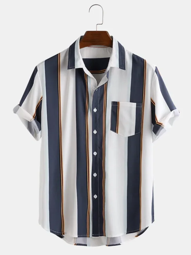 Men's Casual Striped Print Notch Collar Short Sleeve Shirts