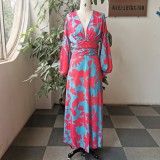 2021 Spring Summer New V-neck High Waist Printing Lantern Sleeve Long Women's Dress Romantic Red Rose Fashion Temperament