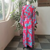 2021 Spring Summer New V-neck High Waist Printing Lantern Sleeve Long Women's Dress Romantic Red Rose Fashion Temperament