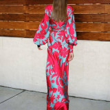 2021 Spring Summer New V-neck High Waist Printing Lantern Sleeve Long Women's Dress Romantic Red Rose Fashion Temperament