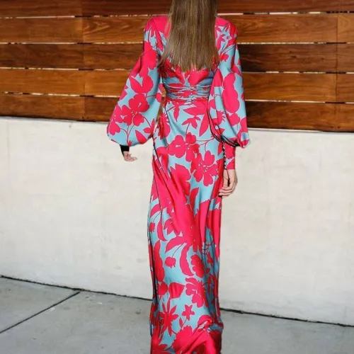 2021 Spring Summer New V-neck High Waist Printing Lantern Sleeve Long Women's Dress Romantic Red Rose Fashion Temperament
