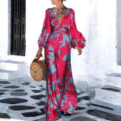 2021 Spring Summer New V-neck High Waist Printing Lantern Sleeve Long Women's Dress Romantic Red Rose Fashion Temperament