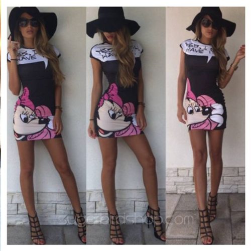 Disney Mickey Mouse Fashion Slim Sexy Dress European and American Short Sleeve Letter Mickey Mouse Print Pack Hip Dress