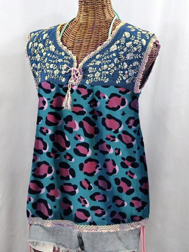 Leopard Sleeveless Cotton-Blend Vintage Shirts & Tops