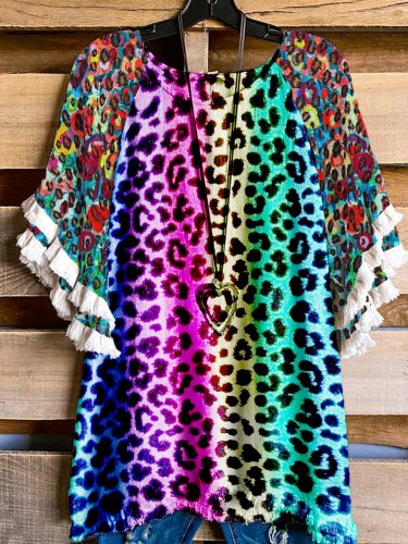 Leopard Rainbow Flower Fringed Short Sleeve Cotton-Blend Leopard Shirts & Tops