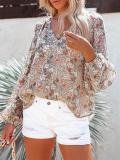 Comfy Floral Printed V-Neck Lantern Sleeve Chiffon T-Shirt