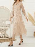 Shimmery Long Sleeve V-Neck Fringed Evening Dress