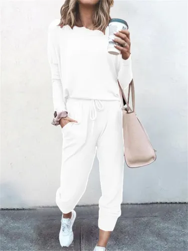 2-Piece Round Neck Loose Casual T-Shirt Lace Up Pants