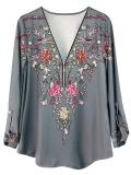 Retro Style Printed Temperament Zipper Long-Sleeved Deep V-Neck T-Shirt