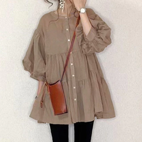 Thin Ruffles Blouse For Women Button A Line Korea Japanese Style Puff Sleeve Tops Female Oversized Spring Shirt Dress Ladies