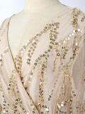 Shimmery Long Sleeve V-Neck Fringed Evening Dress