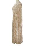 Shimmery Long Sleeve V-Neck Fringed Evening Dress