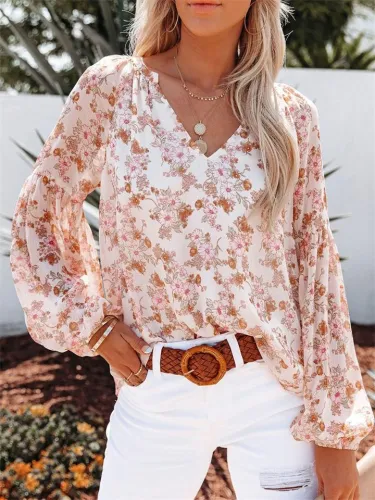 Comfy Floral Printed V-Neck Lantern Sleeve Chiffon T-Shirt