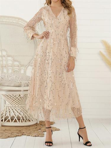 Shimmery Long Sleeve V-Neck Fringed Evening Dress