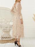 Shimmery Long Sleeve V-Neck Fringed Evening Dress