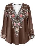 Retro Style Printed Temperament Zipper Long-Sleeved Deep V-Neck T-Shirt