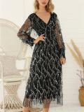 Shimmery Long Sleeve V-Neck Fringed Evening Dress