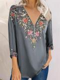 Retro Style Printed Temperament Zipper Long-Sleeved Deep V-Neck T-Shirt