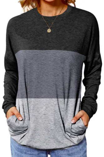 Color Block Pockets O-neck Long Sleeve Top Women UNISHE Wholesale
