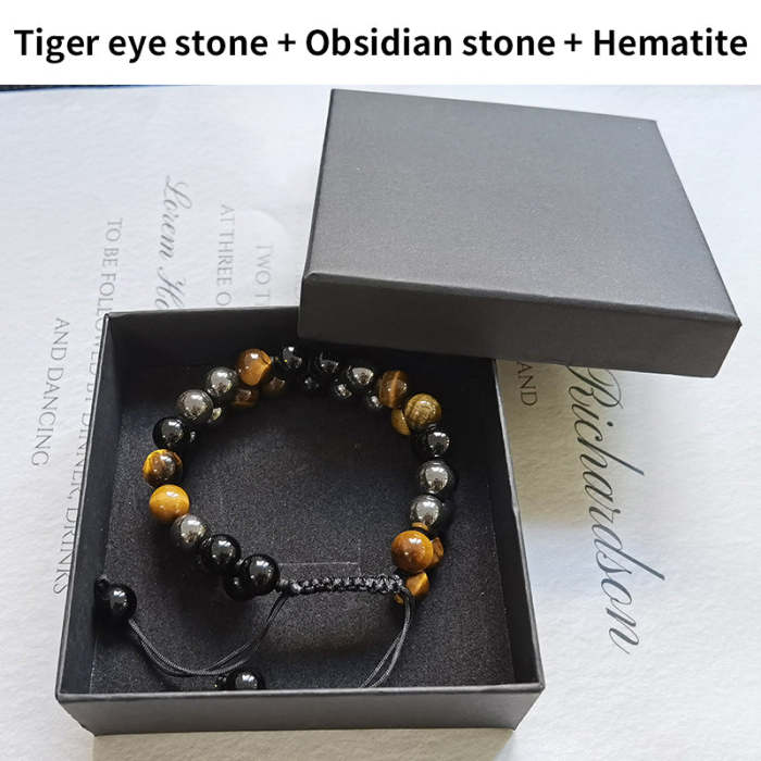 Pulseira de proteção tripla - Olho de tigre genuíno obsidiana e hematita preta