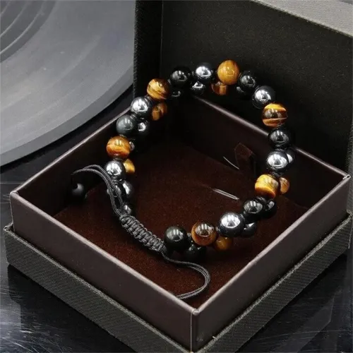 Pulseira de proteção tripla - Olho de tigre genuíno obsidiana e hematita preta