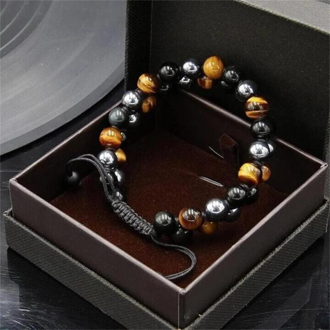 Pulseira de proteção tripla - Olho de tigre genuíno obsidiana e hematita preta