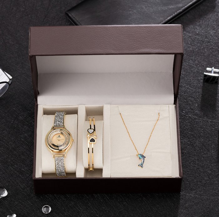 women quartz wristwatch stainless steel bangle/necklace/watch fashion jewelry gift set for ladies 3pcs/set